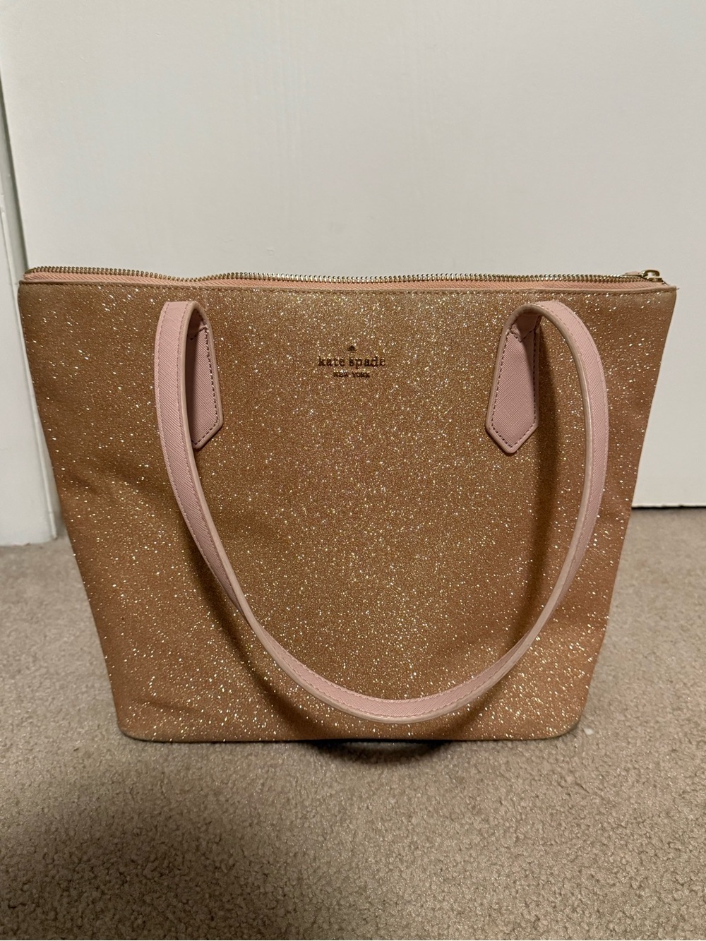 kate spade Rose Gold Glitter Tote with Pink Straps